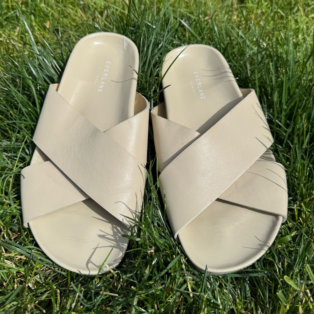 Everlane Cream Ecru Leather Cross Slide Sandals Made In Italy Womens Size 9 40